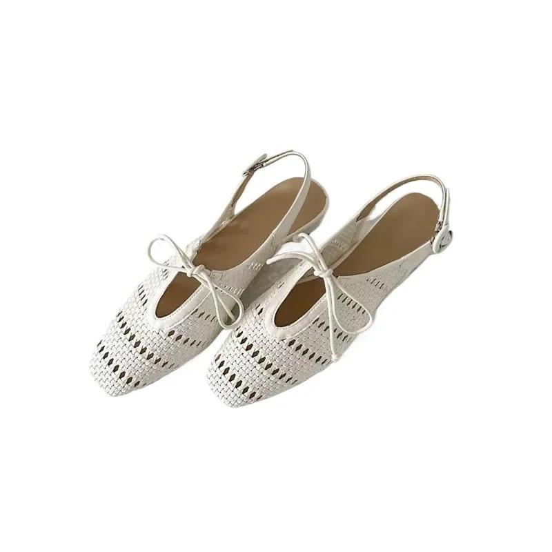 Fashion Niche Design Hollow Out Breathable 2025 Summer New Buckle Strap Women's Sandals Baotou Square Heel Bow Tie Casual Sandals Women