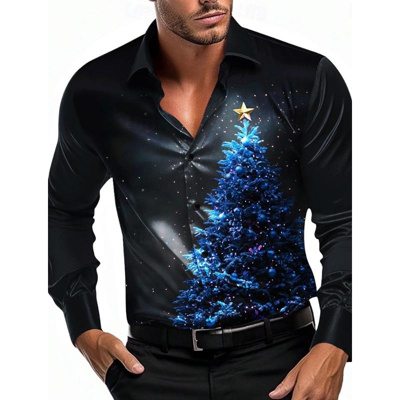 Men's 3D Printed Formal Shirts Christmas Tree Graphic Turn-Down Collar Long Sleeve Shirt Fashion Men's Shirts For Men
