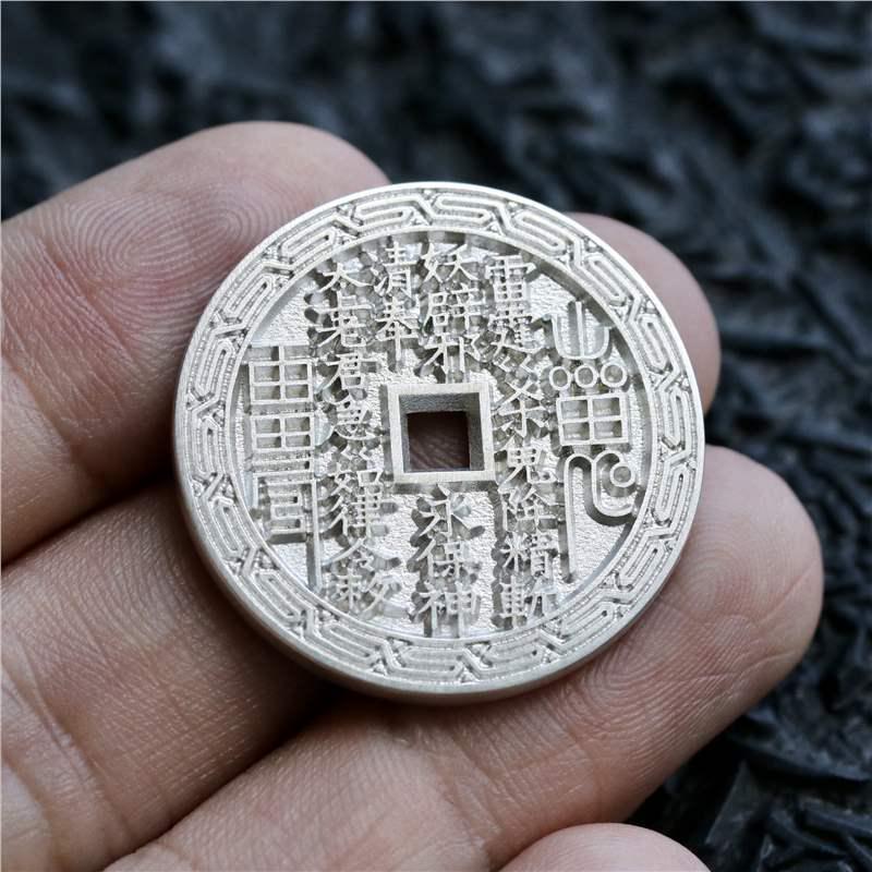 Sterling Silver Mountain Ghost Flower Pendant with Swastika Pattern Engraving, 30mm Coin Design.