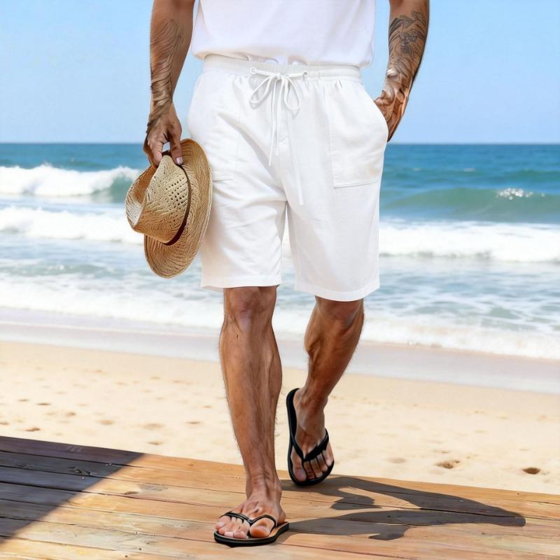 Pantaloncini in Cotone e Lino Coulisse Vita Elastica Gamba Dritta Monocolore Traspiranti Quotidiani da Spiaggia Casual