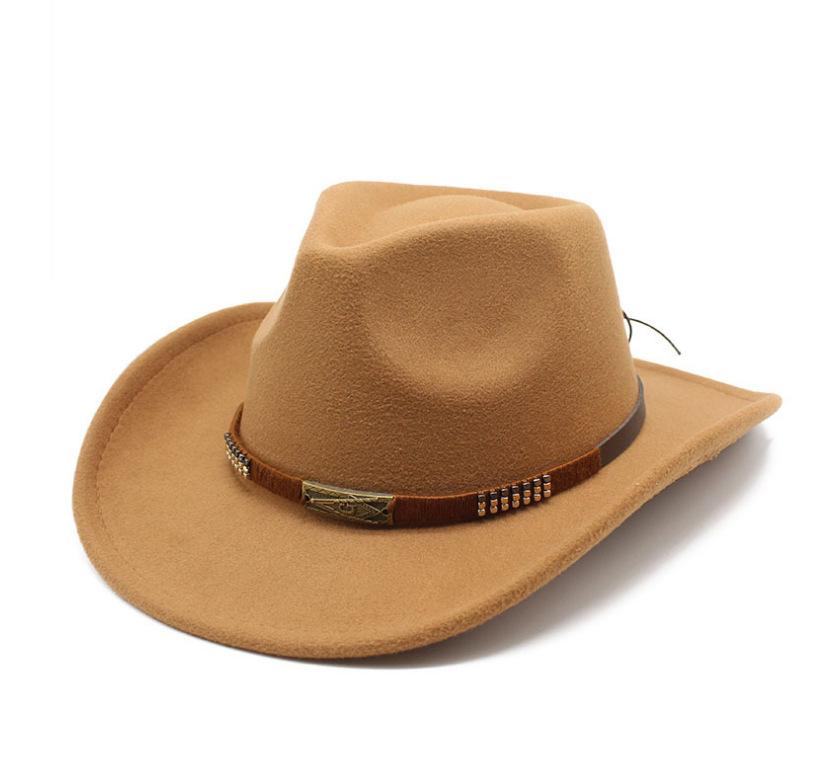 Warm Casual Versatile Coffee Belt Men'S And Women'S Woolen Western Cowboy Hat Big Edge Shading Hat
