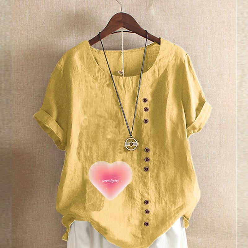 Women's Fashion Round Neck Short Sleeve T-shirt Casual Cotton Linen Graphic Shirt Leisure Loose Pink Love Prined Summer Blouse Tops