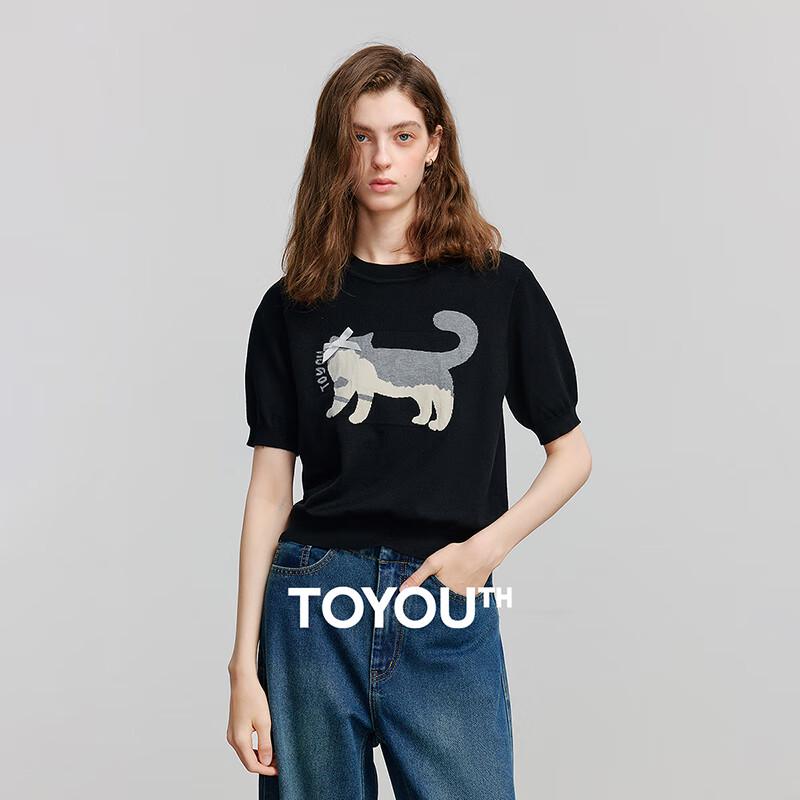 Chuyu Damen Schleife Katze Jacquard Rundhals Kurzarm Stricktop