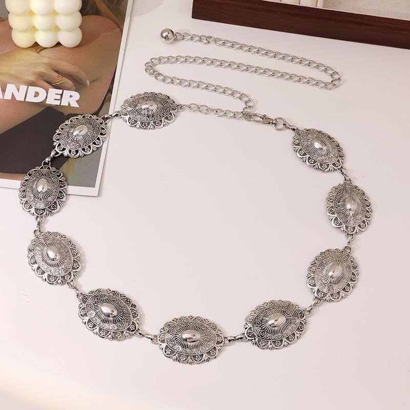 European and American Ancient Gold Blackened Western InS-style Metal Women's Waist Chain with Retro Carvings