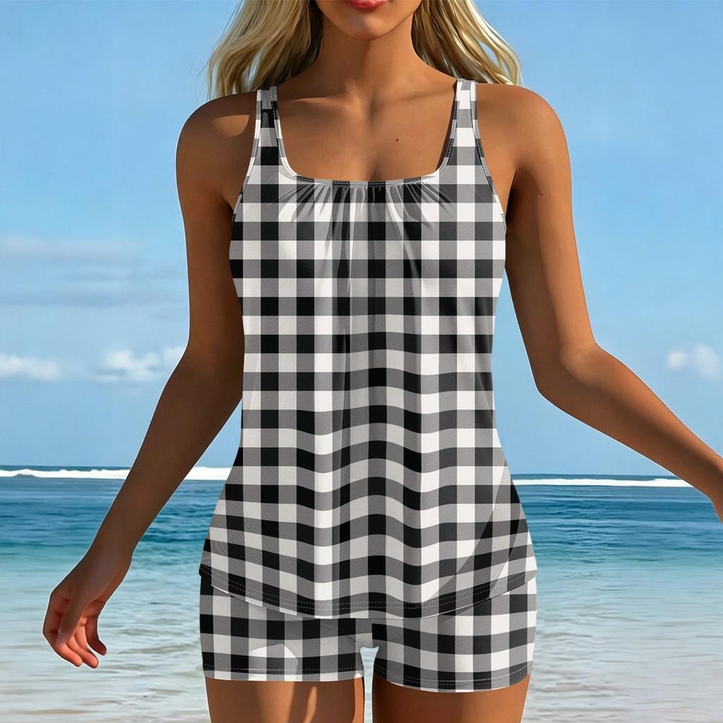 Women’s Striped Tankini Set with Square Neckline and Boyshorts Swimwear Two Piece Bathing Suit for Beach Pool