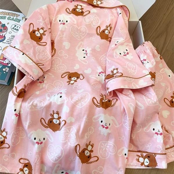 Summer pink full print dessert rabbit pajamas women's summer short-sleeved shorts cardigan set girl princess style loungewear