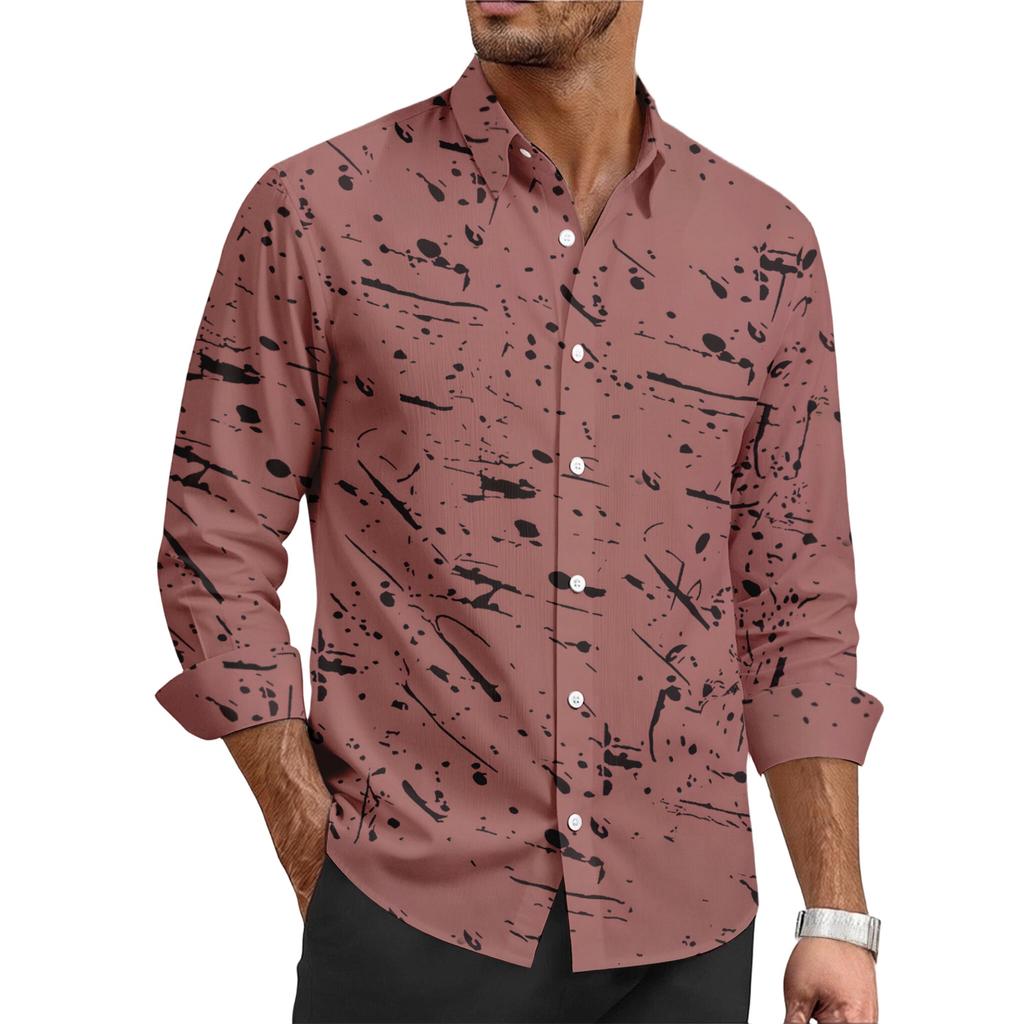 Men's casual stylish ink-blurry texture printed shirt - Men's lapel buttoned long-sleeved top