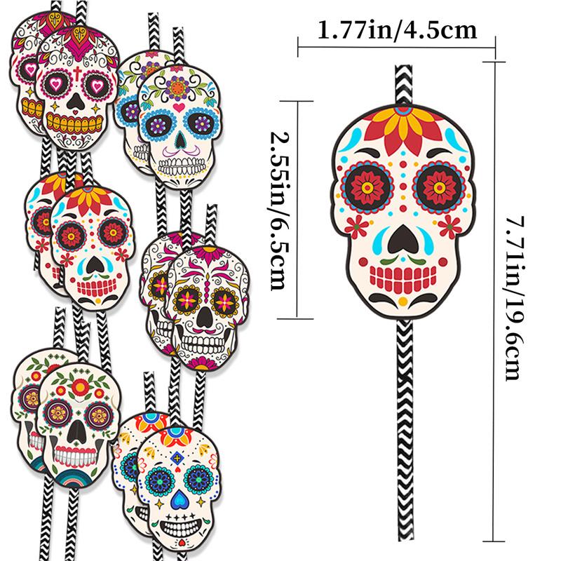 12/24Pcs Cartoon Skull Paper Drinking Straw Juice Disposable Straws for Mexican Day of The Dead Halloween Theme Party Decoration