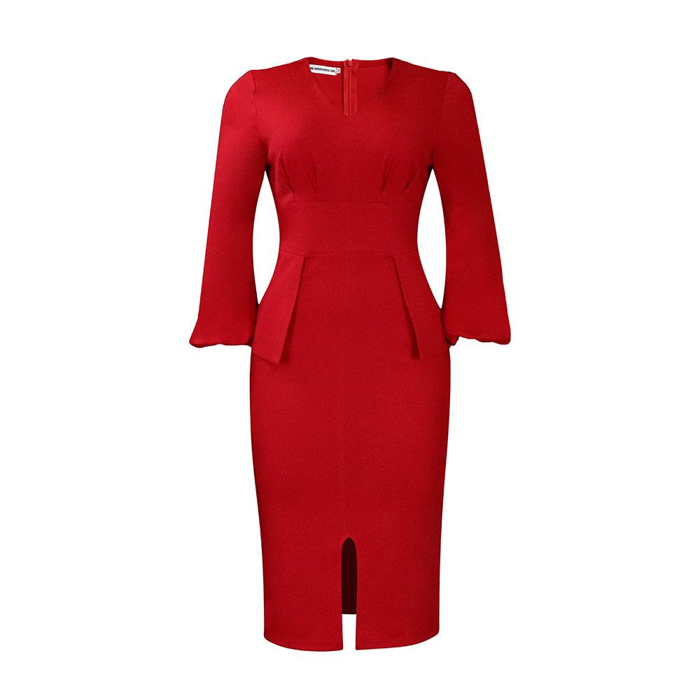 JKASHDK Women's Fashion Autumn Winter Solid Color Print Long Sleeve V-Neck High Waist Casual Cocktail & Evening Dresses