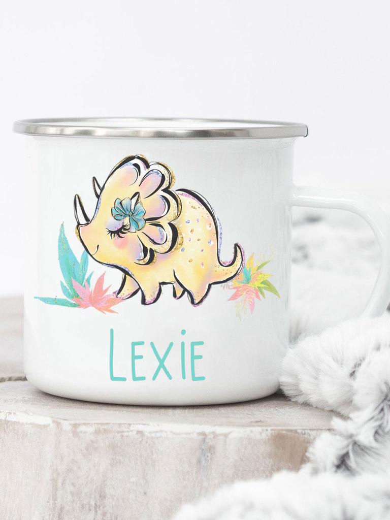 Personalisierte Dinosaurier-Buchstaben-Tassen Niedliche Emaille-Kaffeetasse Saftbecher Geschenke für Sie Geburtstag Muttertag Niedliche Mädchen