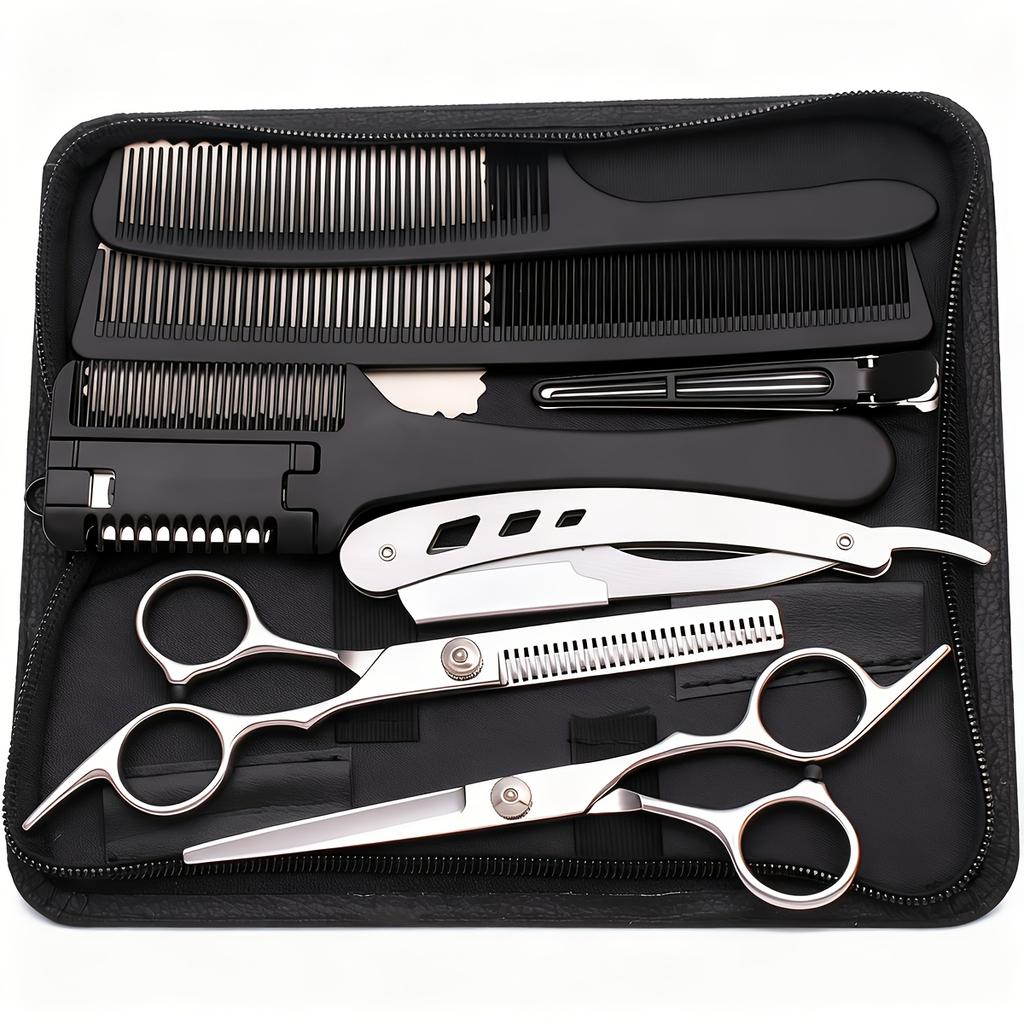 6 Inch All-in-One Professional Hair Cutting Kit Complete Salon Scissors Set with Straight Thinning Shears Styling Comb Case for Home Haircuts