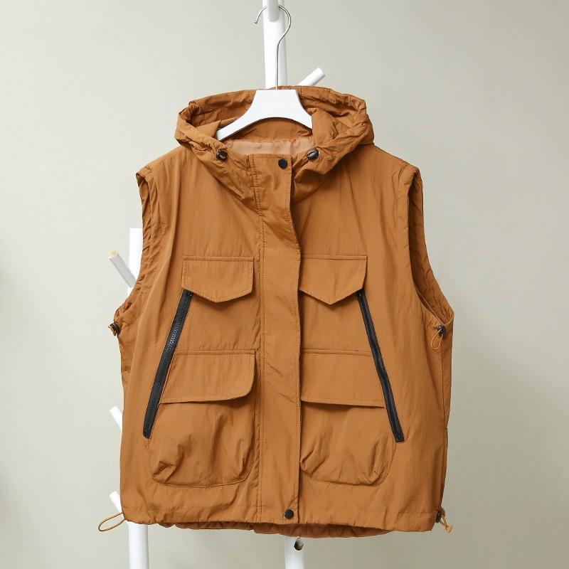 

DIMANAF 2025 Весенний Жилет без рукавов Женский Топ Новый Базовый Карманы Пальто Повседневный Однотонный Свободный Верхняя одежда One Size оранжевый