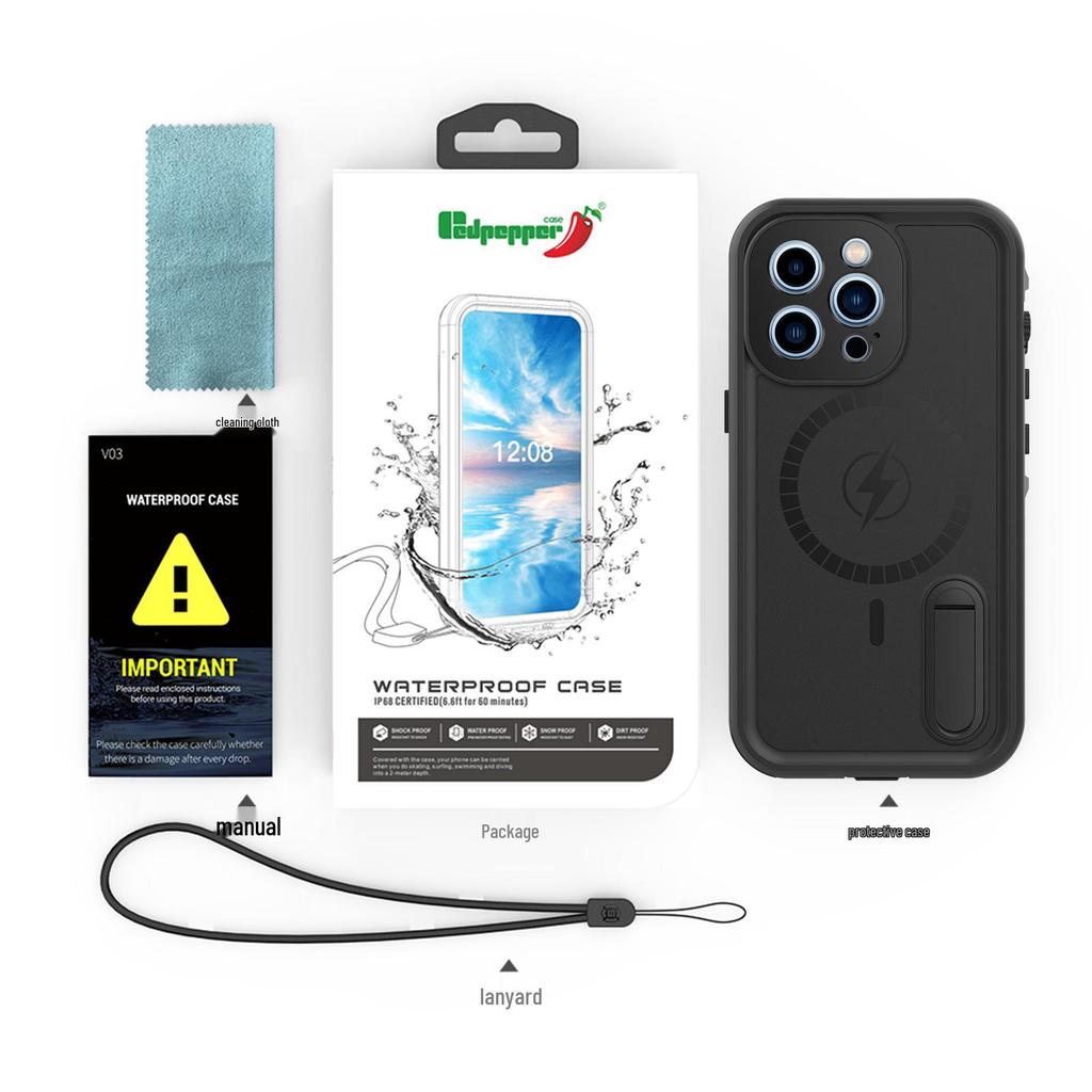 Red Pepper Magnetic Waterproof Case for iPhone 13 Pro Max - Outdoor Diving Sports Protective Cover