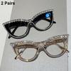 2 Pairs Vintage Cat Eye Glasses with Rhinestones Women Stylish Blue Light Blocking Optical Frames Trendy Design Decor Eyeglasses