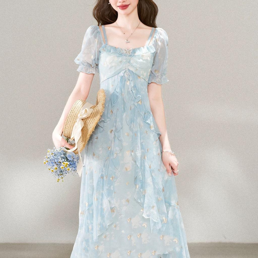 French holiday style beautiful floral short-sleeved dress summer new unique fairy ruffle skirt blue