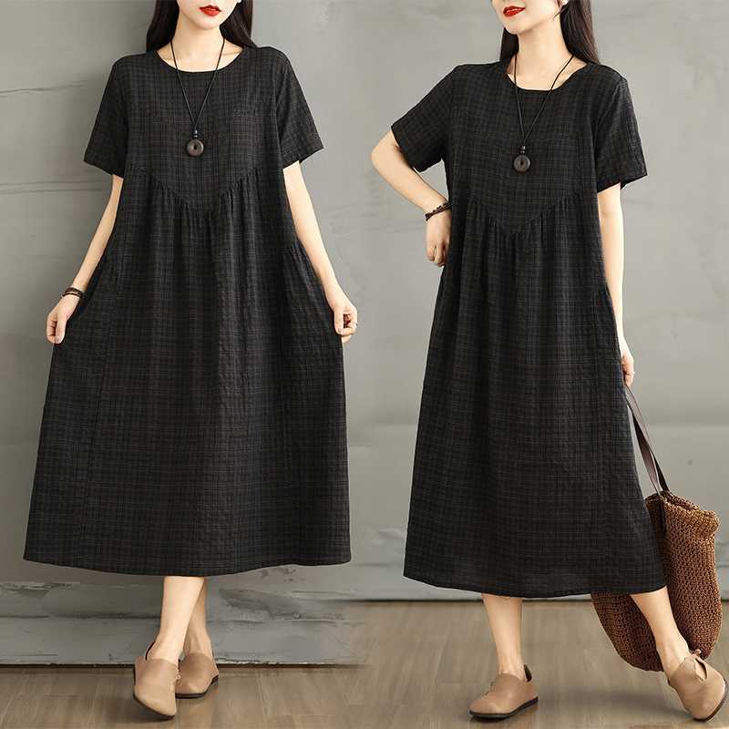 Summer cotton and linen round neck short sleeved dress for women