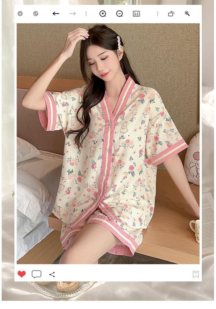 Floral pajamas women's summer short sleeves Internet celebrities sweet gauze cute cartoon summer cardigan thin large size loungewear