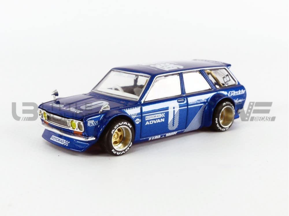 1971 Datsun 510 Blue Metallic by Jun Kaido House Special Diecast Model True Scale Blue Wagon, Right-Hand Drive, (Designed Imai) 1/64 Car, Miniature,