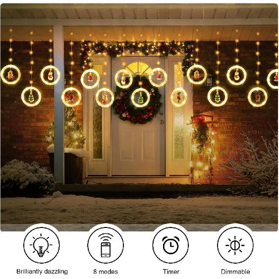 BLOOMWIN Window Lights Christmas Decor Ring Lights with Ornament LED Curtain Lights Indoor Outdoor USB 9.8ft Warm White Christmas String Lights