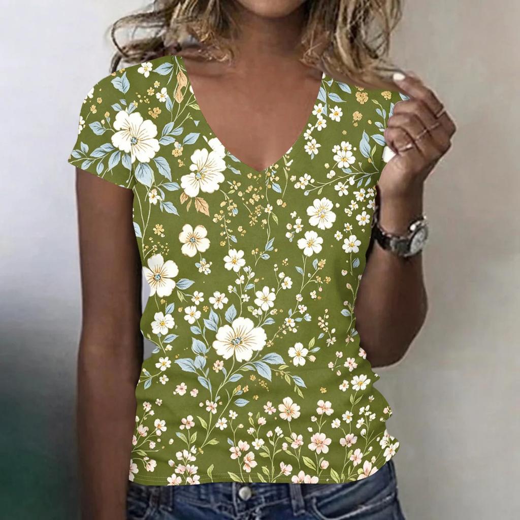 Women V Neck Short Sleeve Floral Print T Shirt Casual Loose Fit Lightweight Soft Top for Daily Wear Work Travel