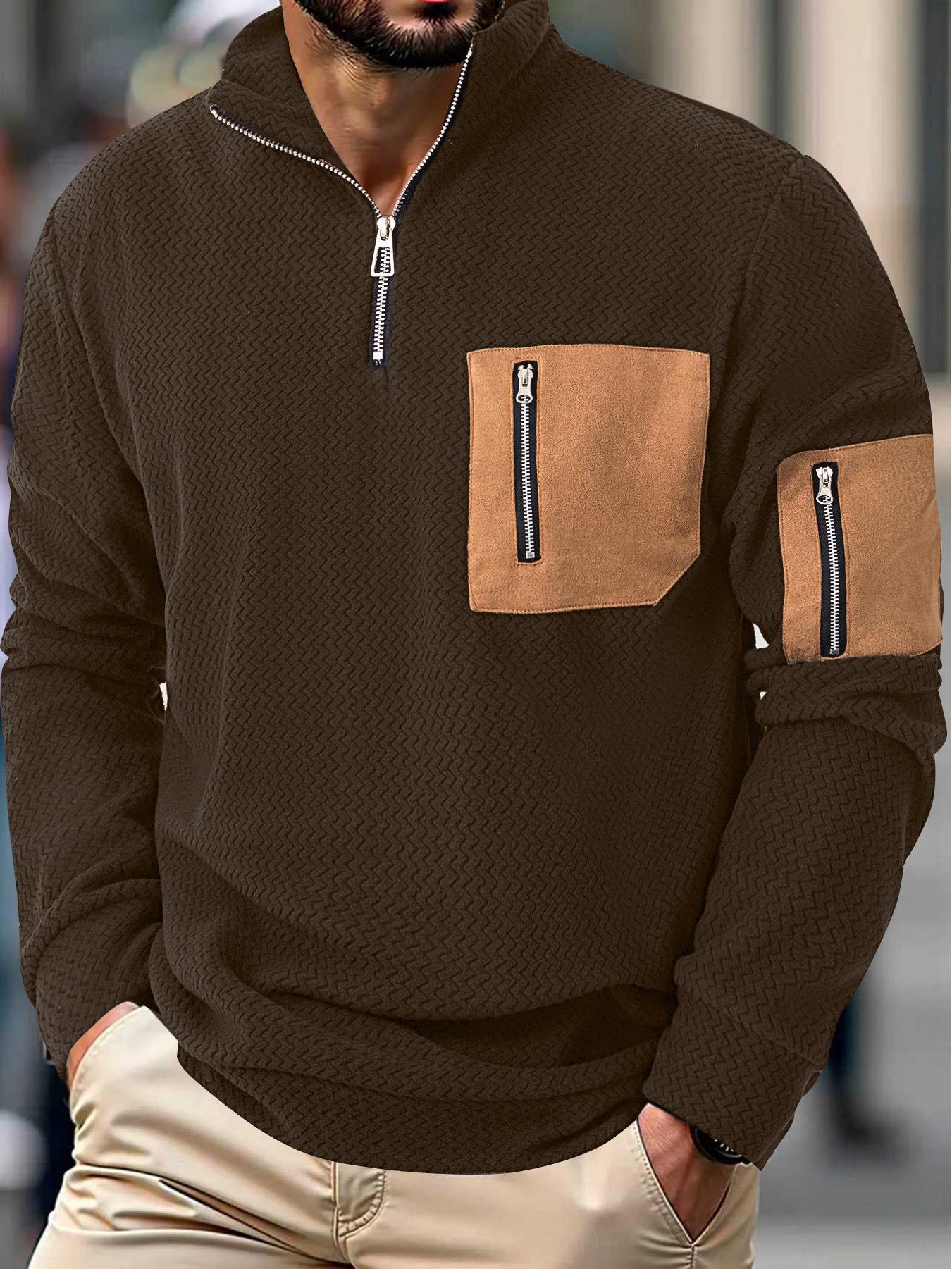 

Men s 2025 Autumn/Winter Fleece Hoodie with Stand Collar and Multi-Pockets XXL темно-коричневого кольору