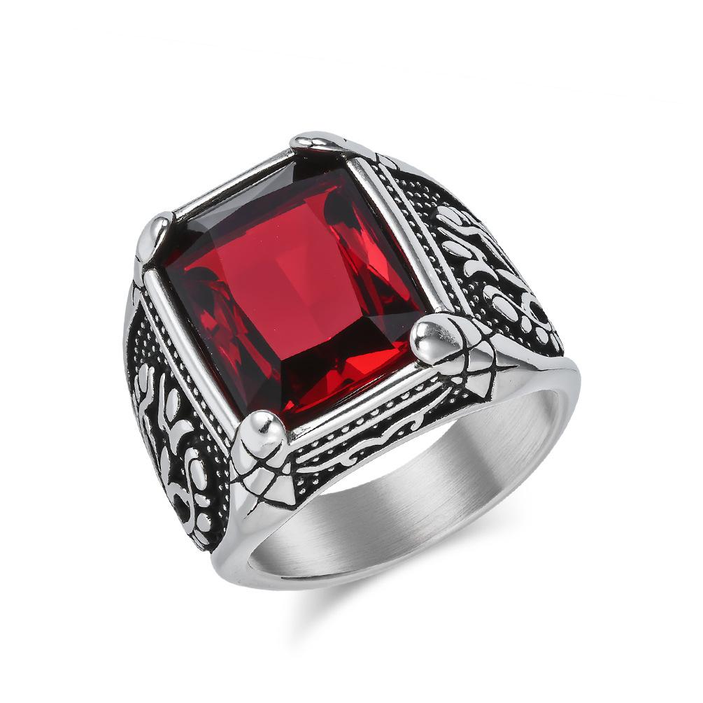 Vintage Tulip Men's Ring Stainless Steel Thumb Ring with Inlaid Glass Gemstone Retro Aesthetic Jewelry for Him
