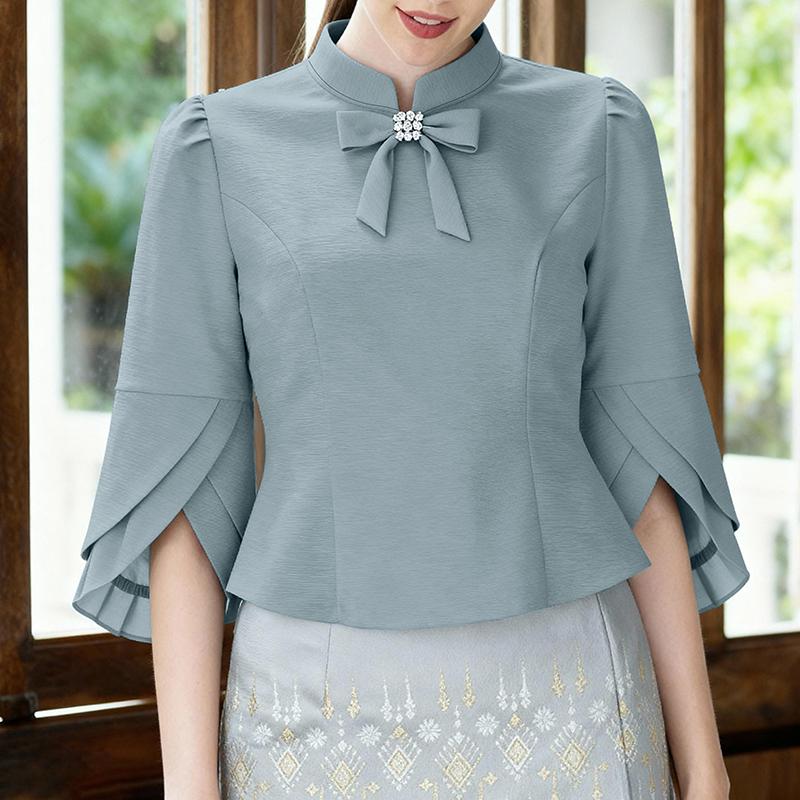 ZANZEA Women Casual Stand Collar 3/4 Sleeve Elegant Loose Blouse