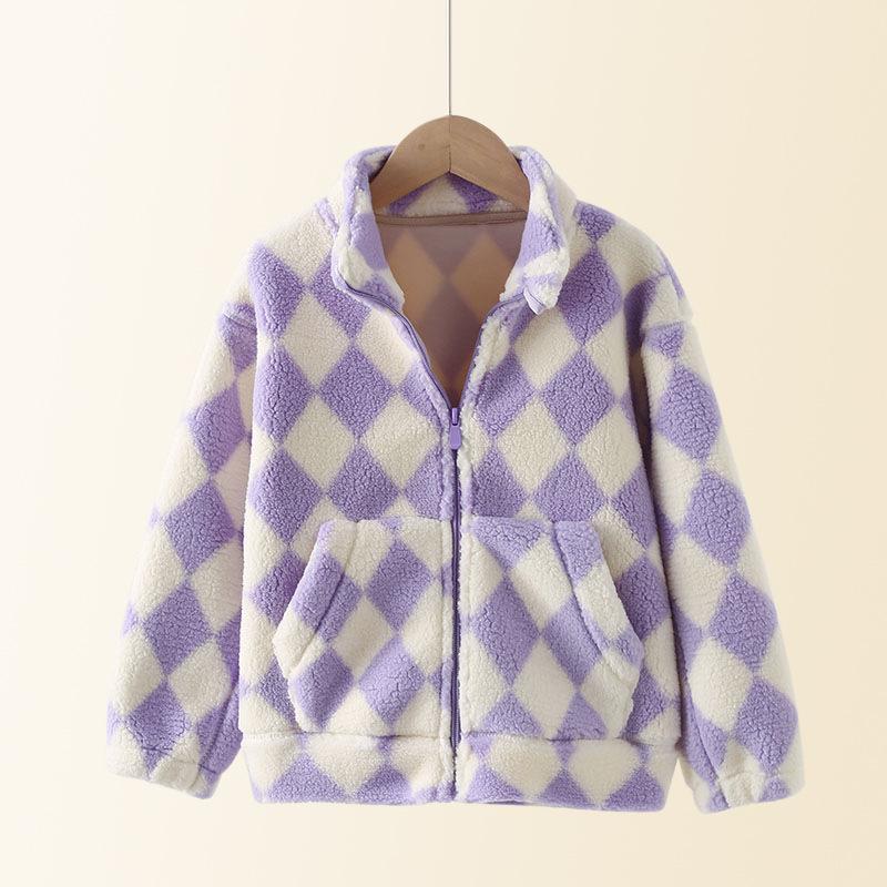 Kinder Lockerer Stehkragen Karomuster Fleece Wintermantel Für Jungen Und Mädchen