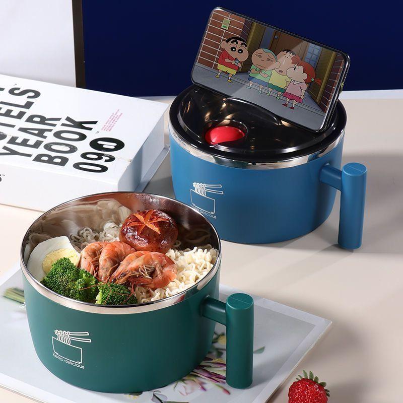 Stainless Steel Noodle Bowl with Lid, Large Drainable Soup Bowl, Easy to Wash Ramen Bowl with Drain Hole and Spoon for Dormitory