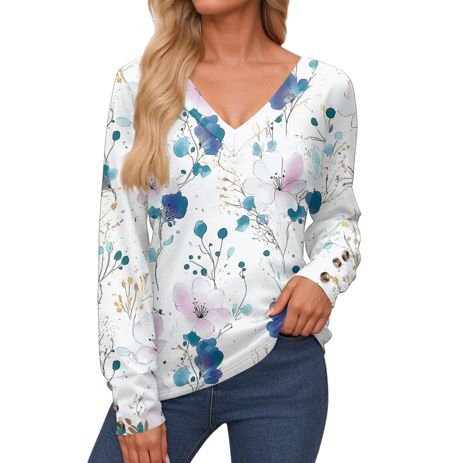 

Женские топы с длинными рукавами, манжетами на пуговицах, рубашка на пуговицах, повседневная свободная футболка с V-образным вырезом, цветочные топы M синий