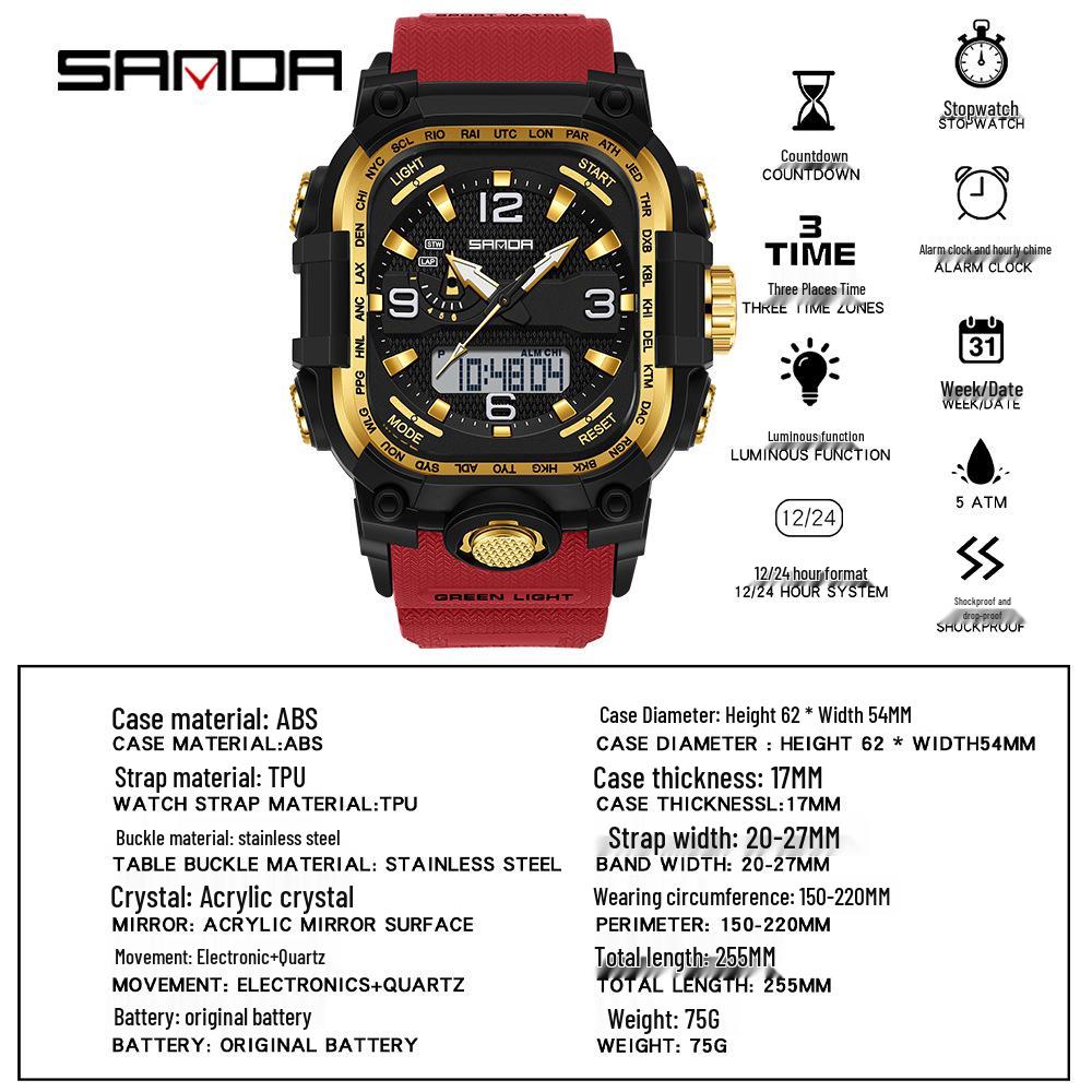 Sanda Three-Hand Square Dial Waterproof Student Sport Watch with Dual Display and Three-Zone Time.