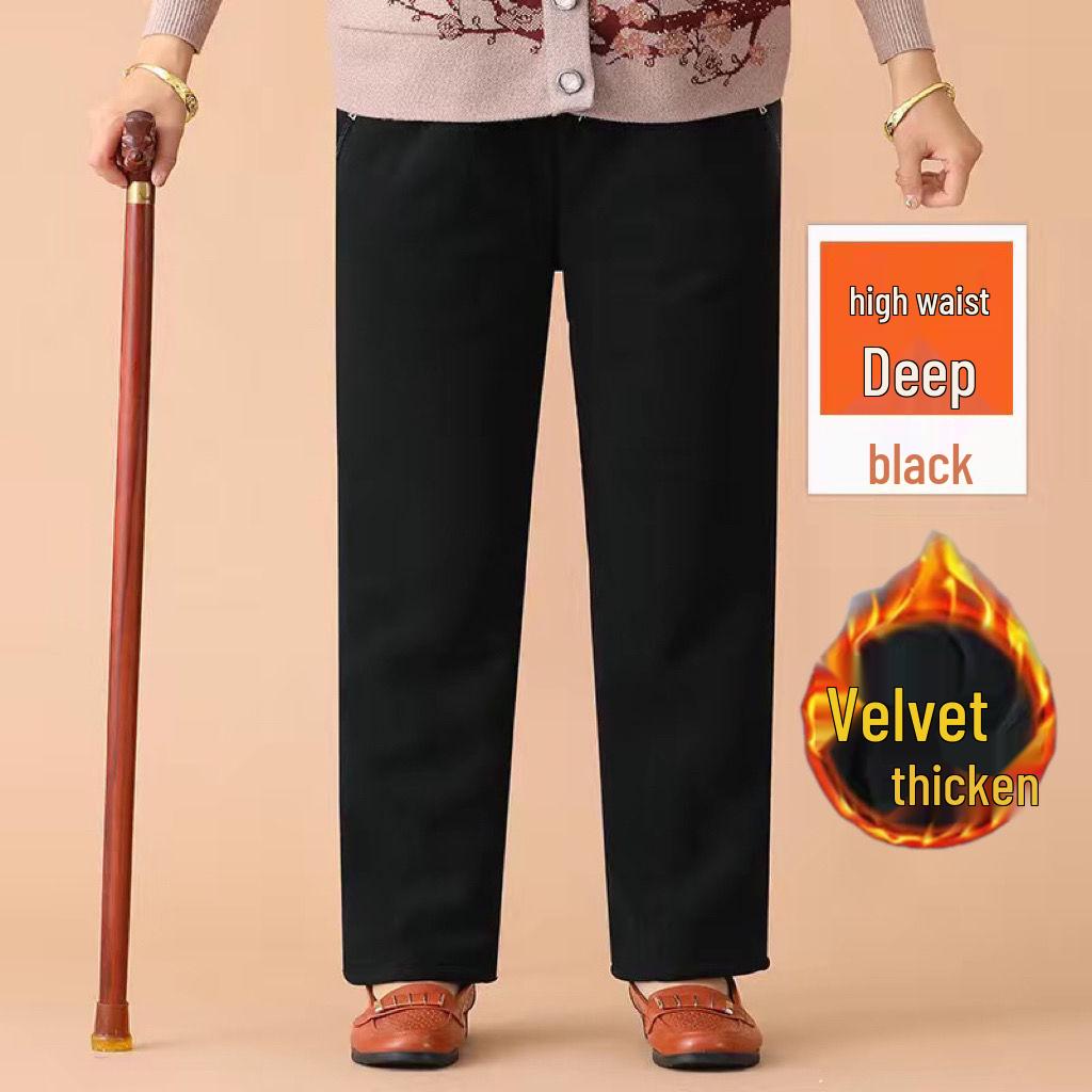 Mom's Fleece-Lined High Waist Warm Pants for Elderly – Loose Fit, Straight Leg Trousers for Spring & Autumn
