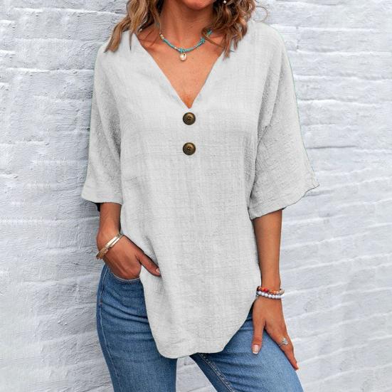 Top Estivi da Donna Scollo a V Manica a Tre Quarti Casual T-Shirt Tinta Unita Decorazione Bottoni Vestibilità Ampia Lunghezza Media Blusa