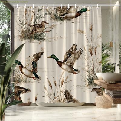 1pc Rustic Farmhouse Duck Shower Curtain with Flying Mallards and Reeds Nature Theme Bathroom Decor Bath Divider Hanging Curta