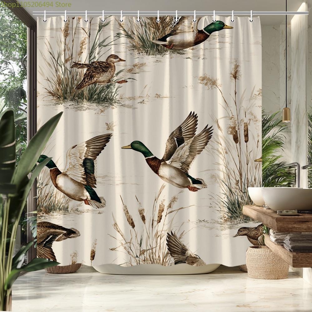 1pc Rustic Farmhouse Duck Shower Curtain with Flying Mallards and Reeds Nature Theme Bathroom Decor Bath Divider Hanging Curta