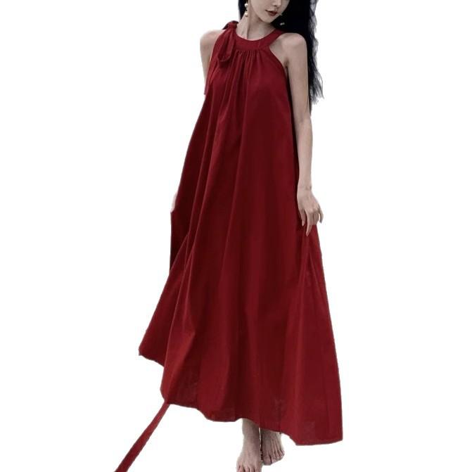 French red neck sling dress women's summer bride morning gown dress Xinjiang travel seaside vacation dress summer