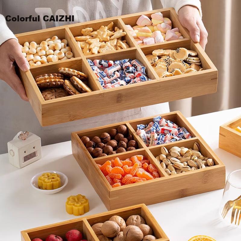 Dried Fruit Tray with Bamboo Wood Dividers, 4-Compartment Nut Dish, New Chinese Style Storage Box, Tea Brewing Tray for Living Room Coffee Table