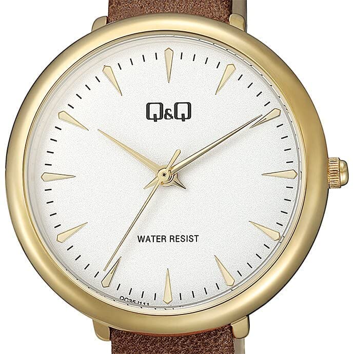 Analog Waterproof Watch with Synthetic Leather International Model QC35J111 Brown [Citizen Q&Q] Band,