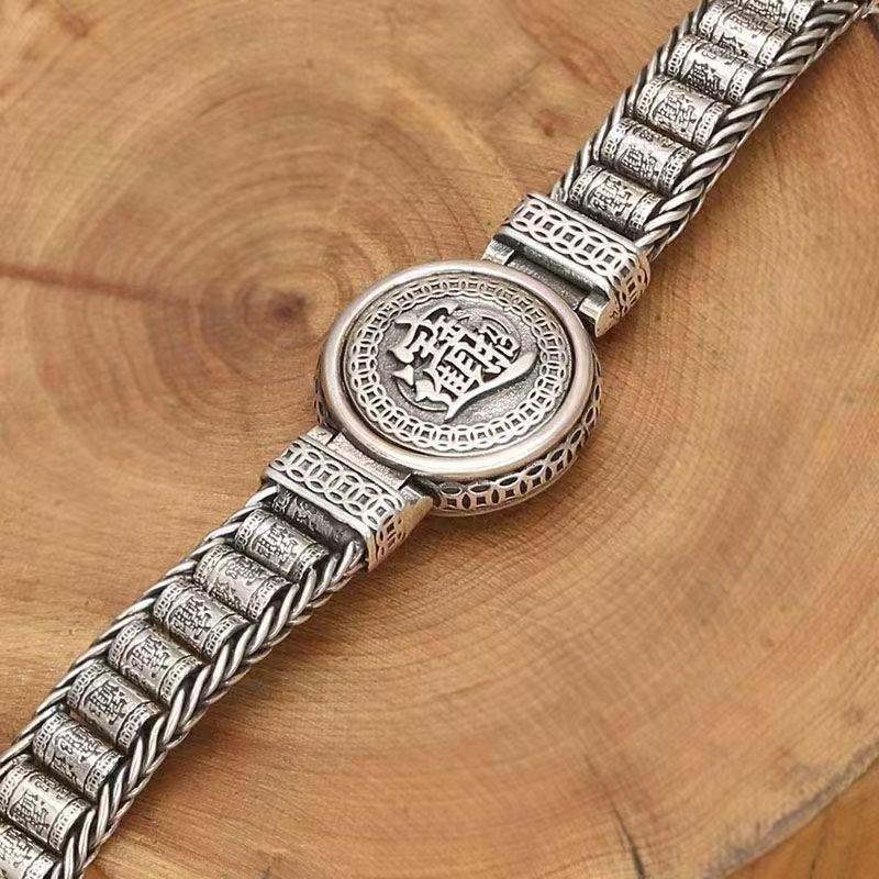 925 Sterling Silver Retro Creative Passepartout Prayer Wheel Bracelet Men's Transfer Beads Six-Character Mantra Jewelry Gift