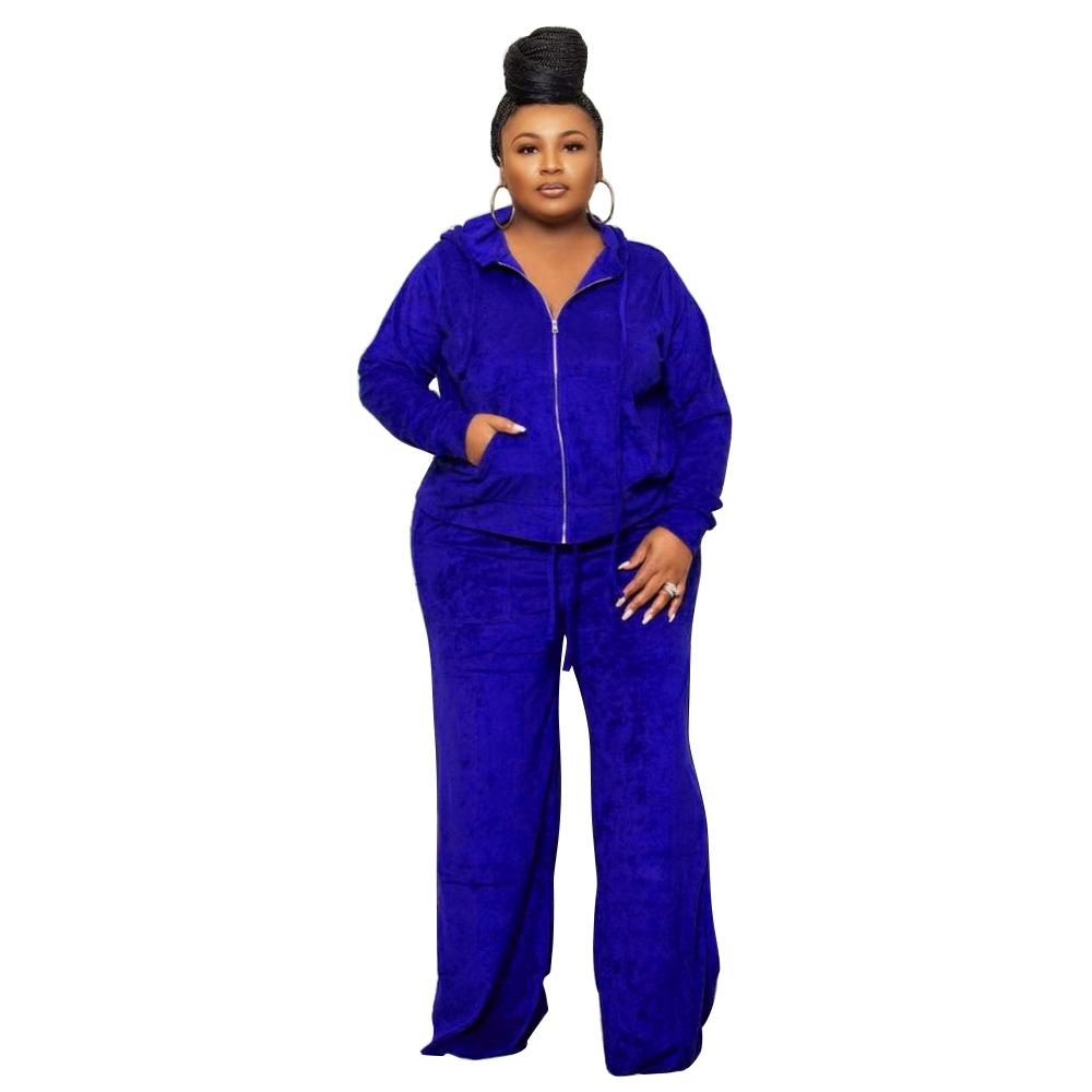 Übergröße Samt Damen Zweiteiliges 2-teiliges Set Outfits Mode Kurve Gerade Hosen Anzug und Trainingsjacke Street Trainingsanzug