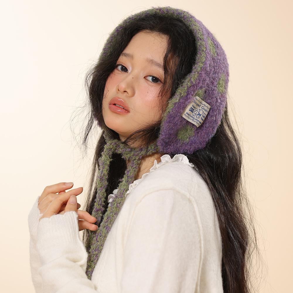 Red polka dot contrasting color knitted ear protection headscarf women's autumn and winter new student warm versatile hat