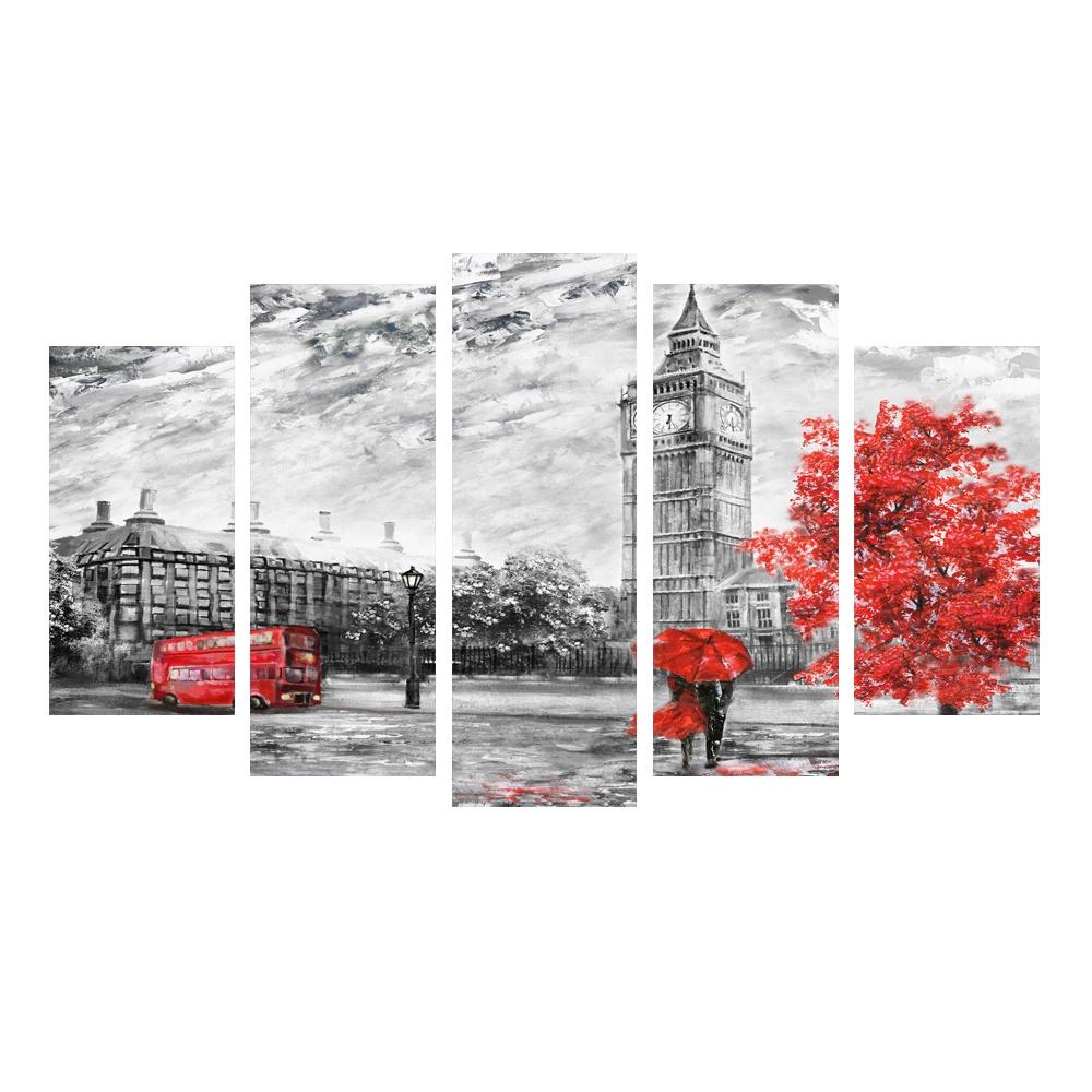 5 Panels Landscape Posters Canvas Painting Building Prints Red London Clock Modern Home Decor Wall Art Pictures For Living Room