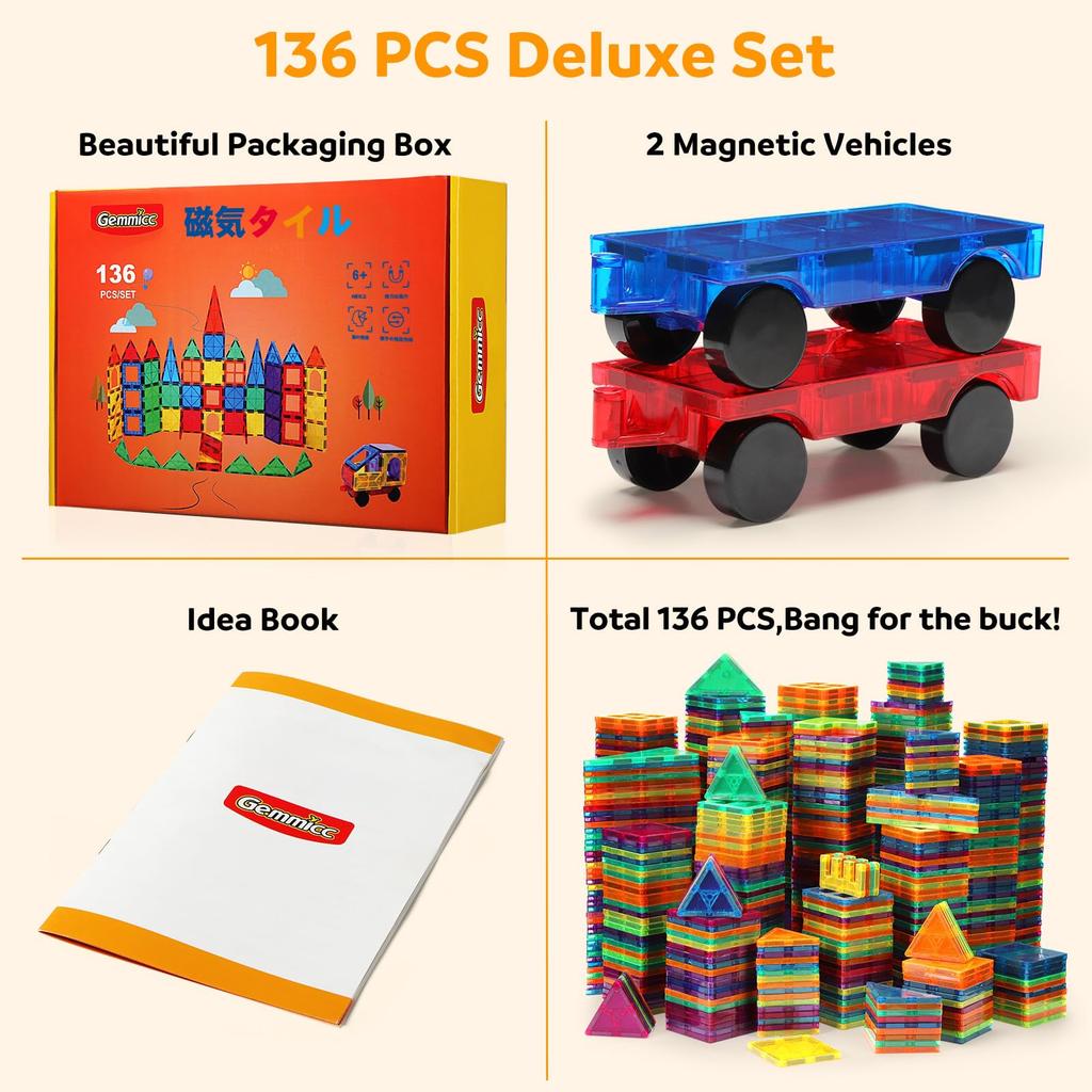 Gemmicc 136PCS Magnetic Tiles Building Blocks for Kids STEM Approved Educational Toys Magnetic Puzzle Building Blocks for Boys Girls Comes with 2 Cars