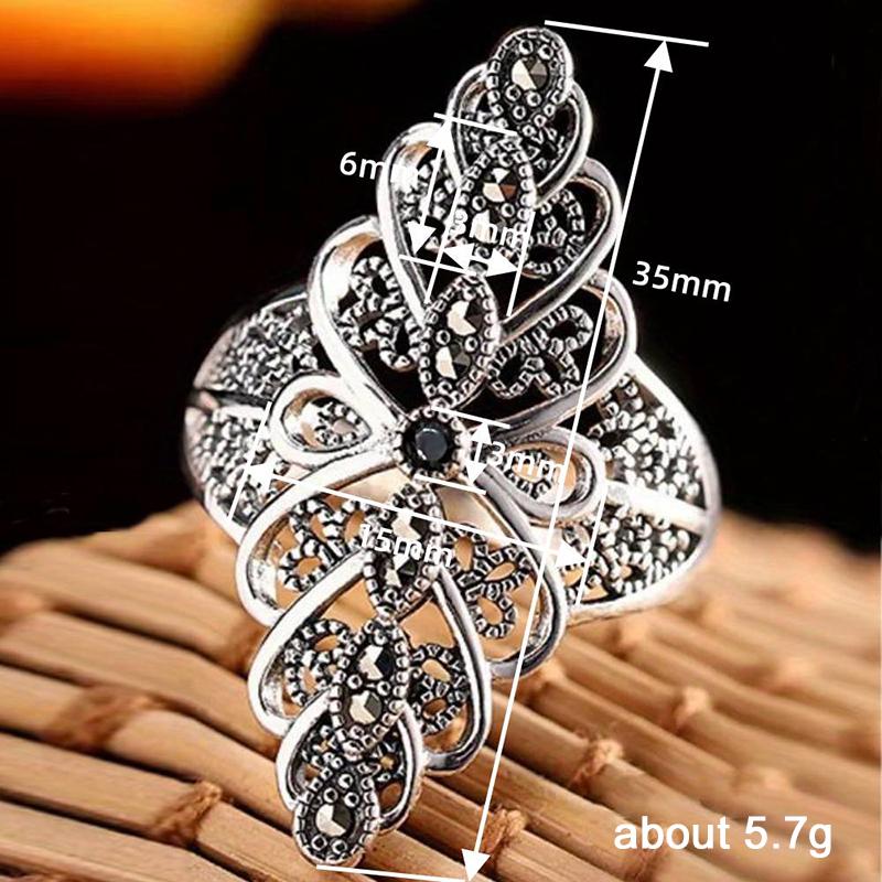 Huitan Hyperbole Leaf Design Opening Rings With Black Cubic Zirconia Vintage Women Rings For Anniversary Party Bohemia Jewelry