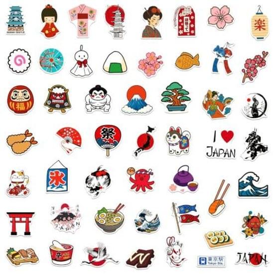 Japanese Culture Sticker 50-piece Set PVC Waterproof Seal Japan Daruma Sumo Wrestler Shishimai Onigiri Maiko Travel Tourism Resort Overseas Suitcase