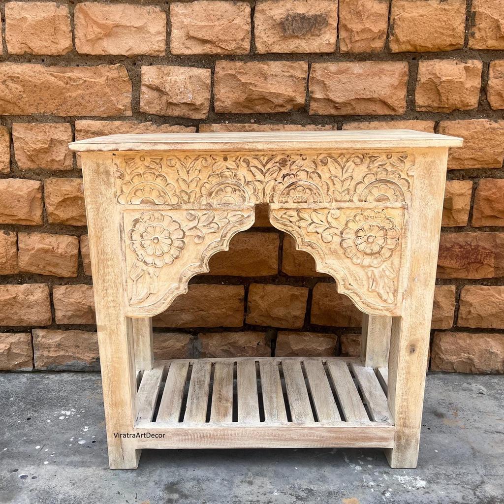 Hand-Carved Wooden Console Side Table Nightstand with Floral Bedside Table with Shelf | Solid Mango Wood Accent Table Traditional Table