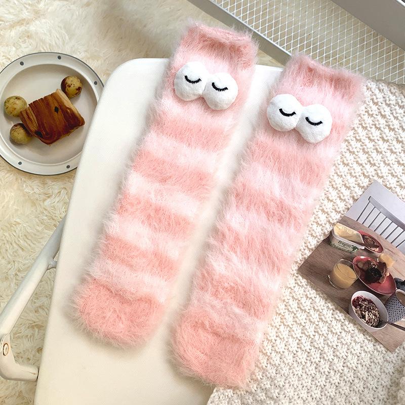 Cute Women Thicken Floor Sock Cartoon Funny Eyes Plush Socks Winter Home Sleep Thermal Slipper Color Striped Mid-tube Socks