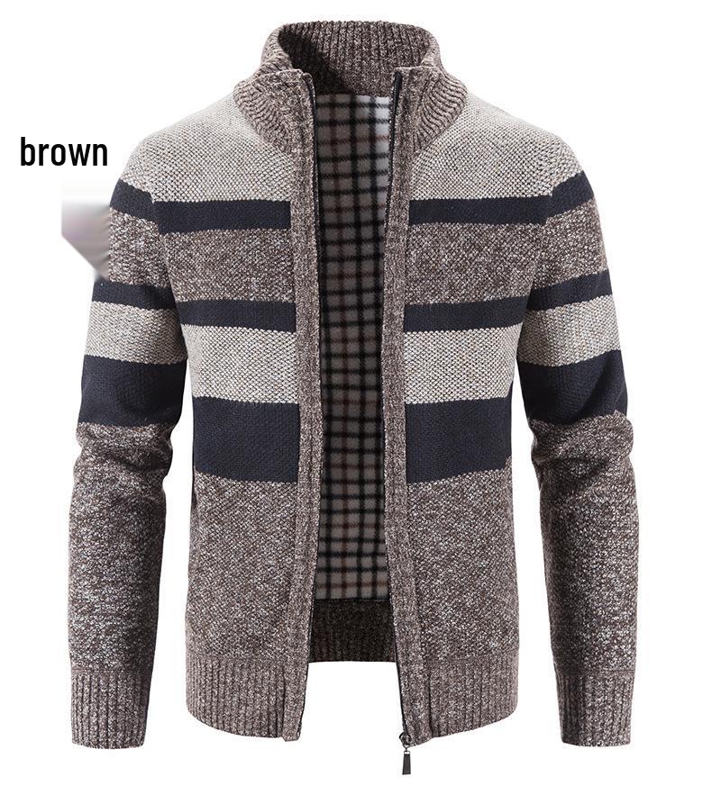 2024 Men's Stand Collar Color Block Plus Velvet Thick Sweater Jacket, Autumn/Winter Collection
