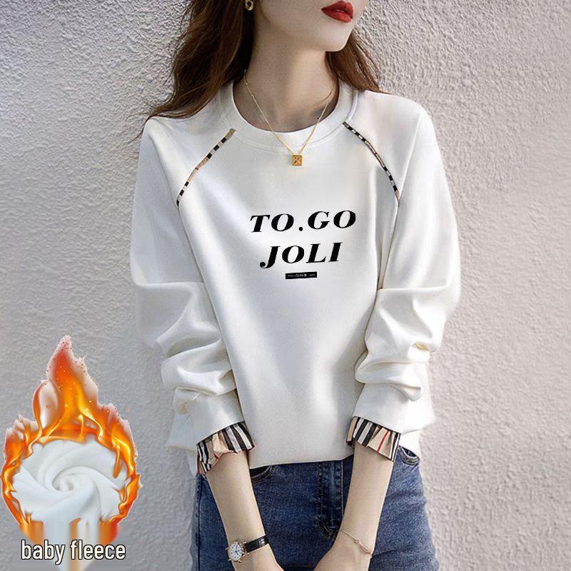 Women's Plus Velvet Loose Pullover - 2025 Spring/Autumn Korean Style, Long Sleeve Round Neck, Fake Two-Piece, Hoodless Top.