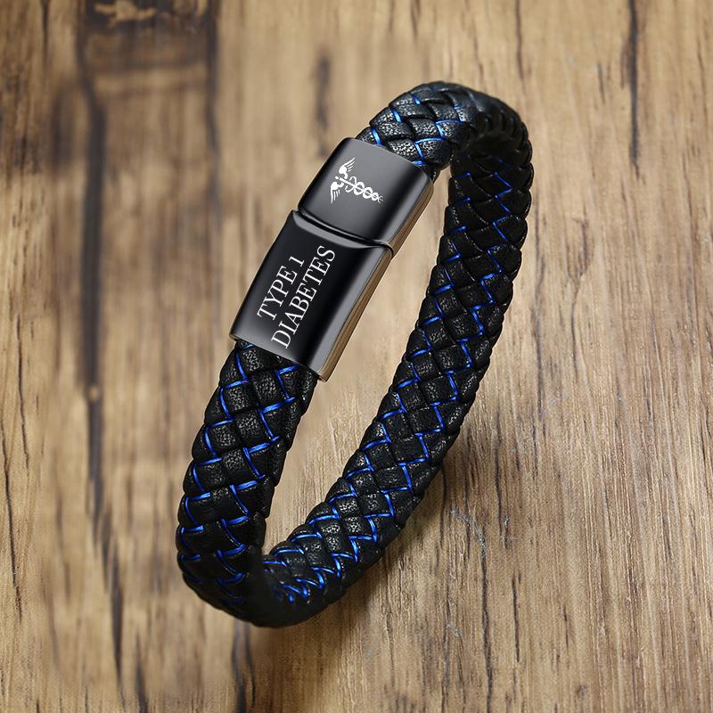 Braccialetto di Allerta Medica di Emergenza Promemoria Diabete 1 Gioielli Braccialetto in Pelle Nero Acciaio Inossidabile Gioielli Personalizzati Gratuiti